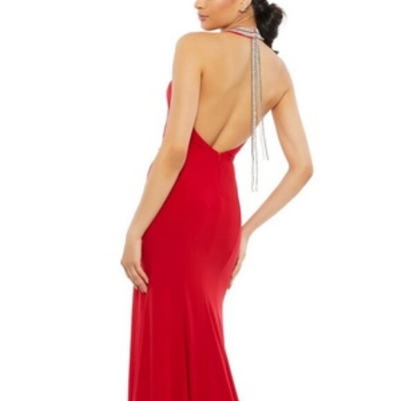 Mac Duggal Red Beaded Halter Neck Side Slit Jersey Gown